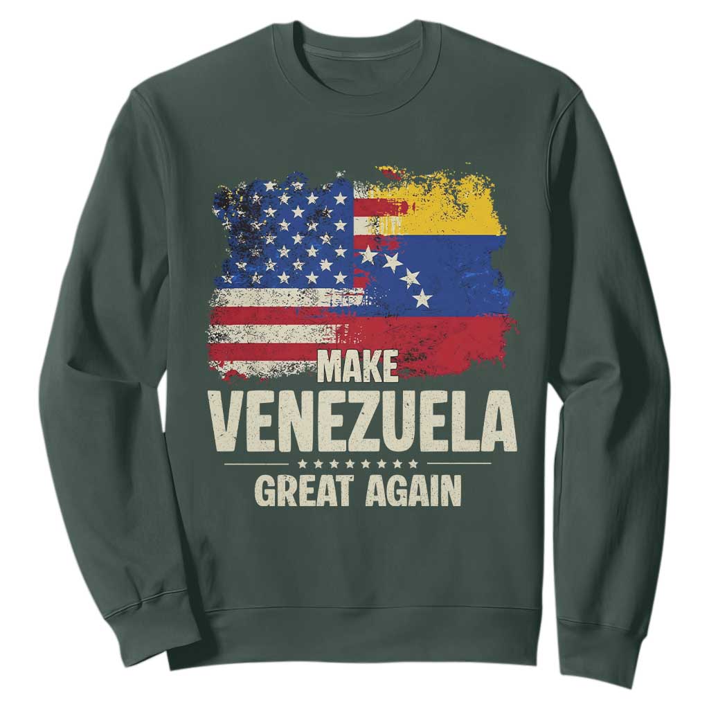 Make Venezuela Great Again Sweatshirt Distressed US and Venezuela Flag Unity TS02 Dark Forest Green Print Your Wear