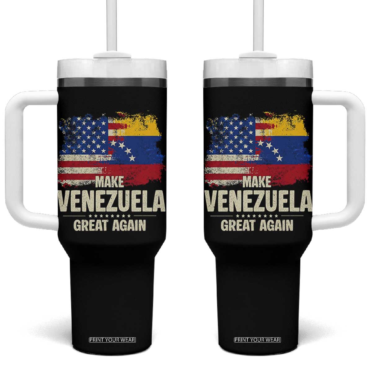 Make Venezuela Great Again Tumbler With Handle Distressed US and Venezuela Flag Unity TS02 One Size: 40 oz Black Print Your Wear