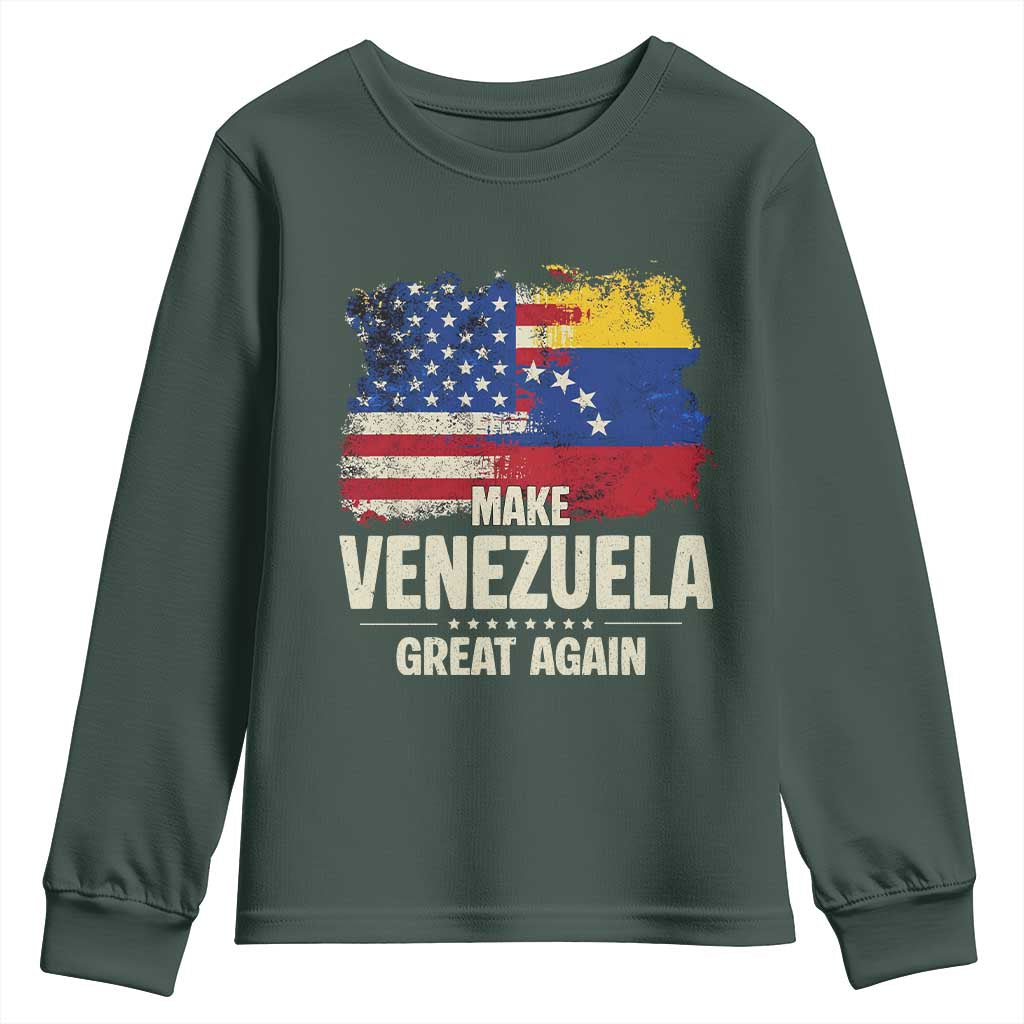 Make Venezuela Great Again Youth Sweatshirt Distressed US and Venezuela Flag Unity TS02 Dark Forest Green Print Your Wear