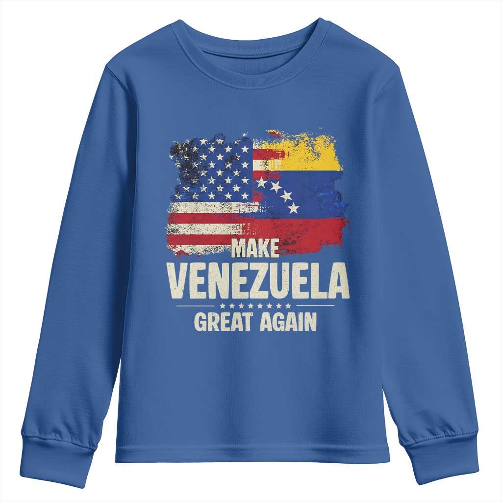 Make Venezuela Great Again Youth Sweatshirt Distressed US and Venezuela Flag Unity TS02 Royal Blue Print Your Wear