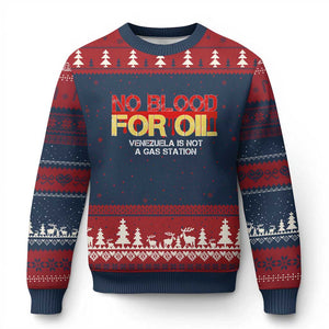 No Blood for Oil Ugly Christmas Sweater Venezuela Sovereignty Resource Justice TS02 Navy Red Print Your Wear