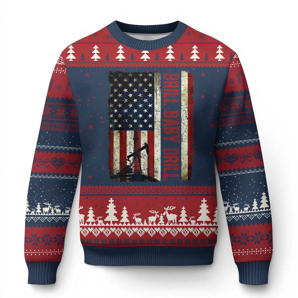 Drill Baby Drill American Flag Ugly Christmas Sweater Oil Rig Oildfield Energy Industry Patriot - Print Your Wear