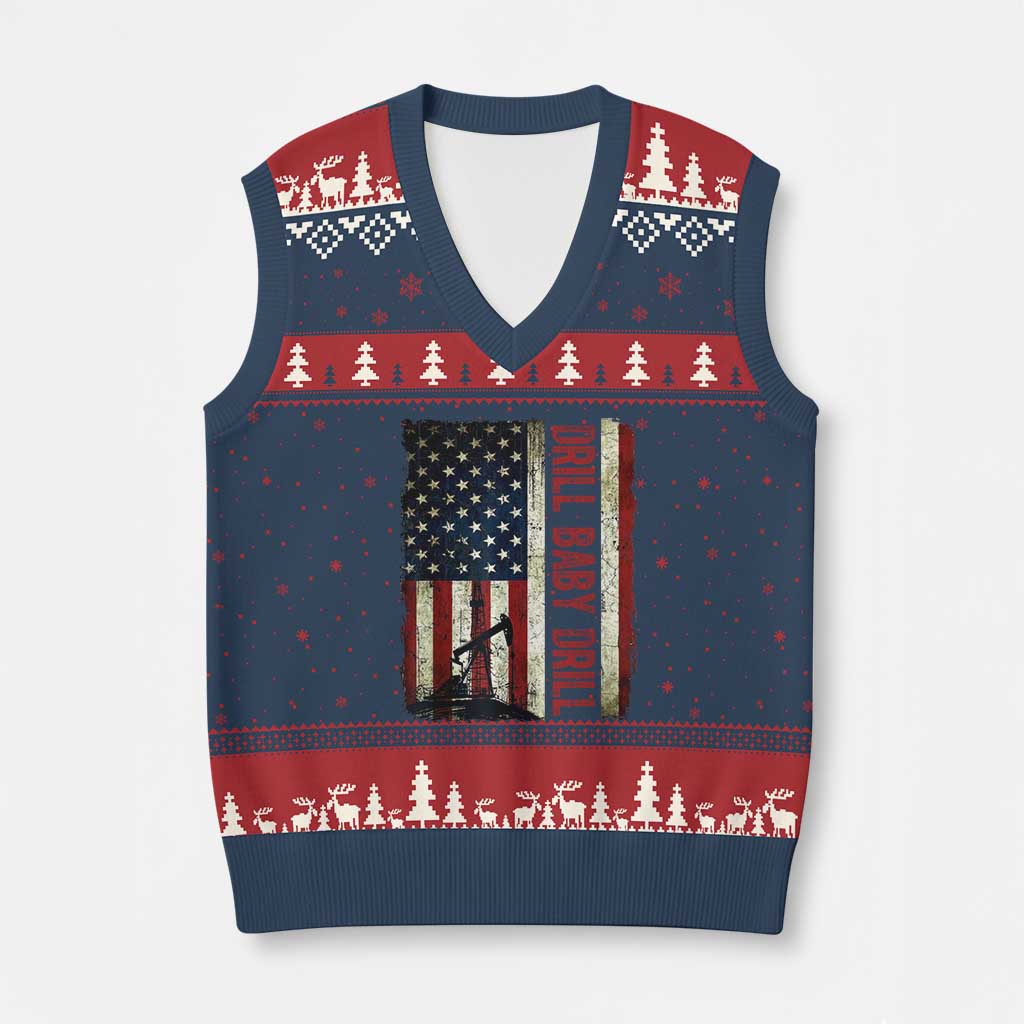 Drill Baby Drill American Flag V-Neck Knit Sweater Vest Oil Rig Oildfield Energy Industry Patriot TS02 Navy Red Print Your Wear