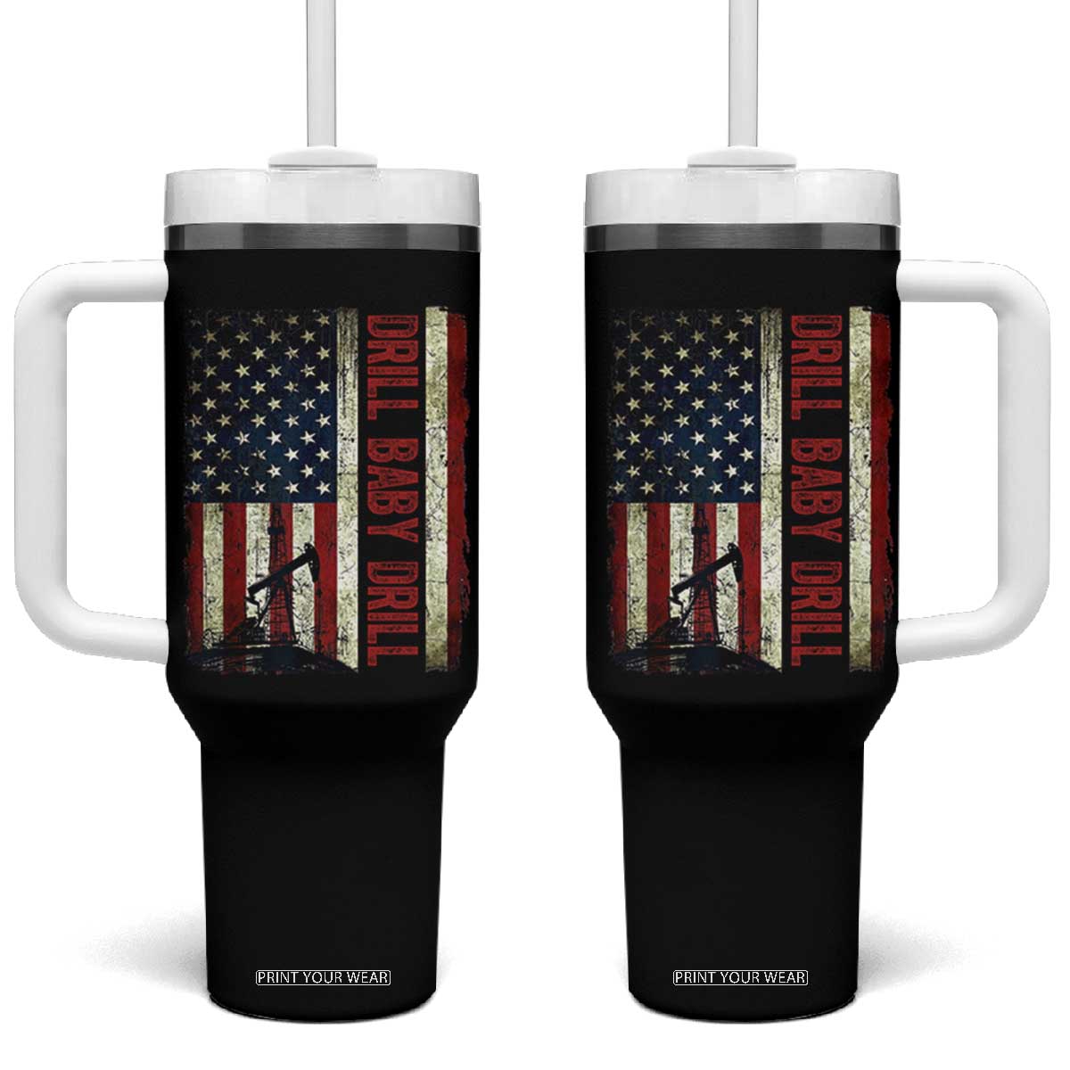 Drill Baby Drill American Flag Tumbler With Handle Oil Rig Oildfield Energy Industry Patriot TS02 One Size: 40 oz Black Print Your Wear