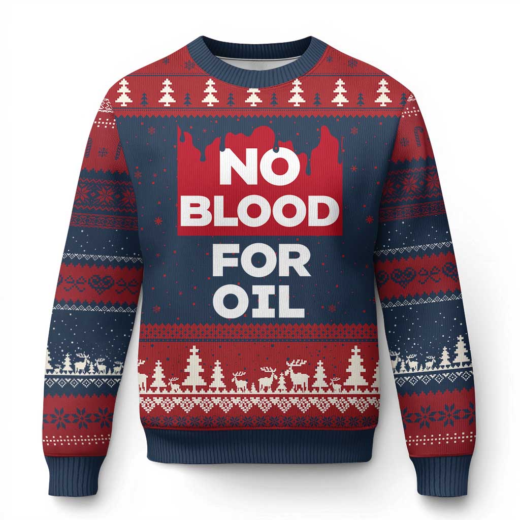 No Blood for Oil Ugly Christmas Sweater Anti-War Resource Exploitation TS02 Navy Red Print Your Wear