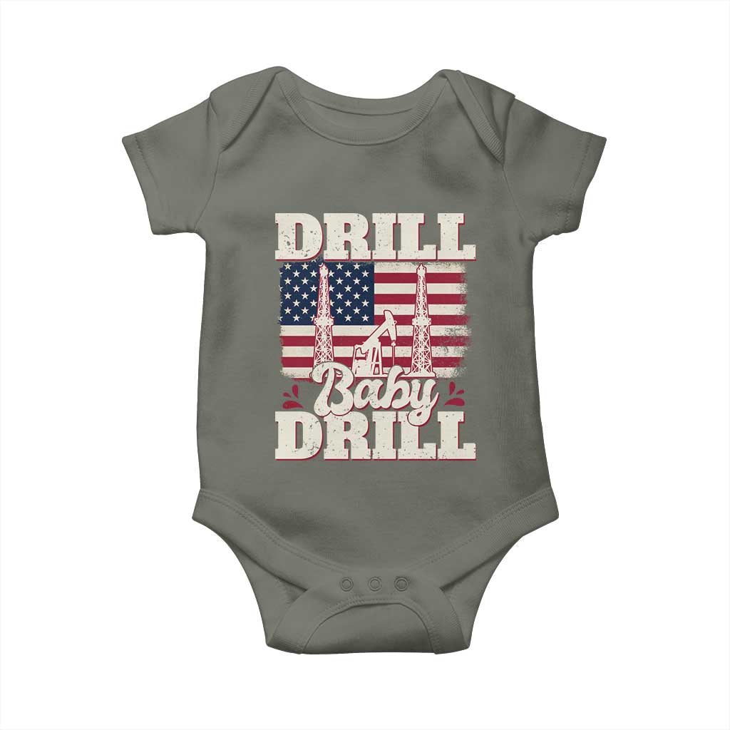 Drill Baby Drill American Flag Baby Onesie Retro Oilfield Oil Rig Patriot TS02 Military Green Print Your Wear