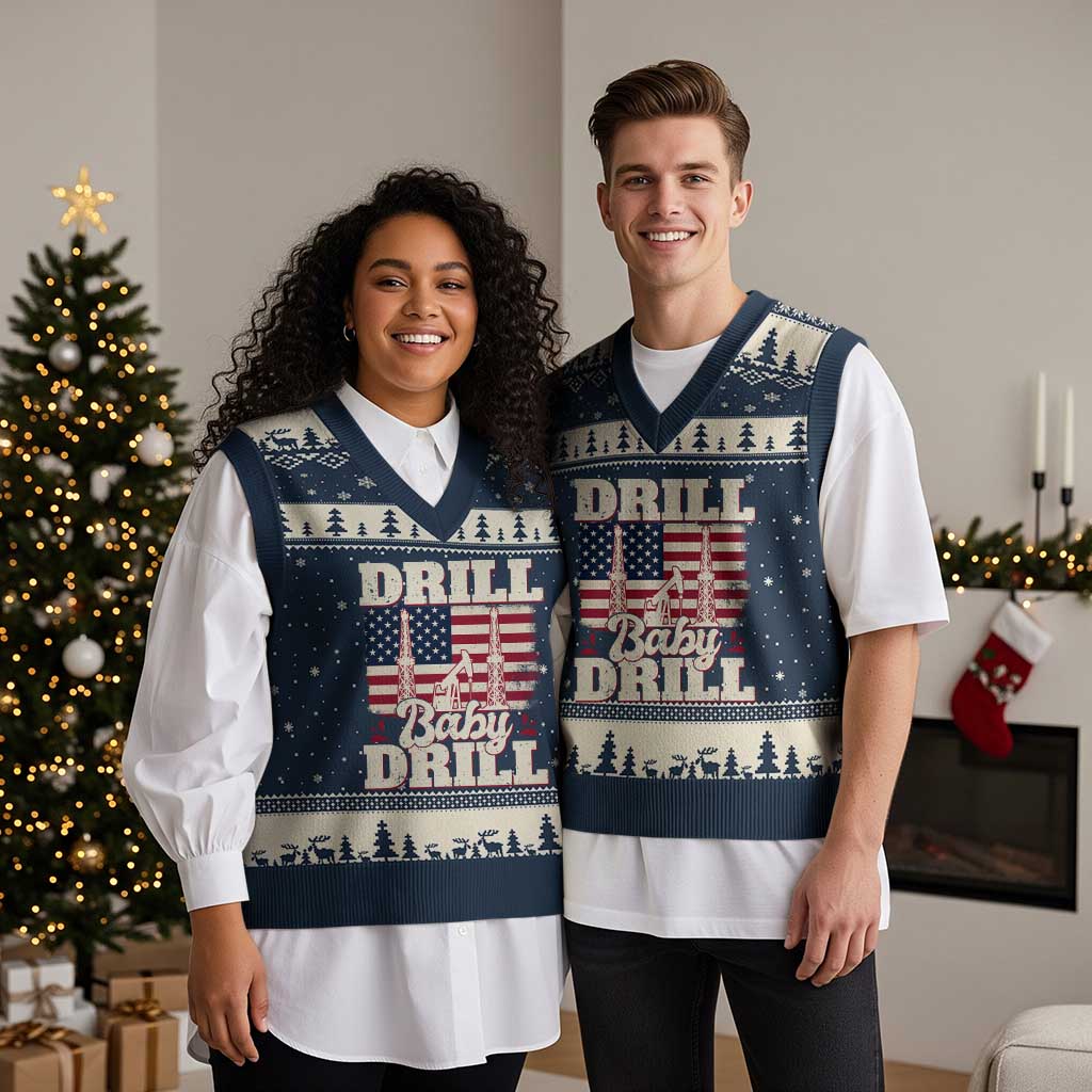 Drill Baby Drill American Flag V-Neck Knit Sweater Vest Retro Oilfield Oil Rig Patriot TS02 Navy Beige Print Your Wear