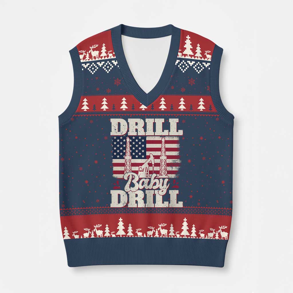 Drill Baby Drill American Flag V-Neck Knit Sweater Vest Retro Oilfield Oil Rig Patriot TS02 Navy Red Print Your Wear