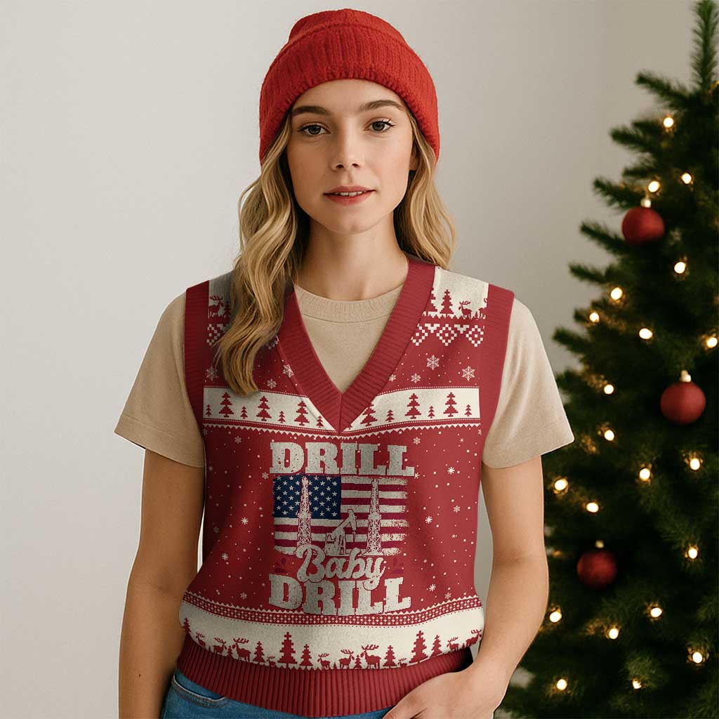 Drill Baby Drill American Flag V-Neck Knit Sweater Vest Retro Oilfield Oil Rig Patriot TS02 Red Beige Print Your Wear