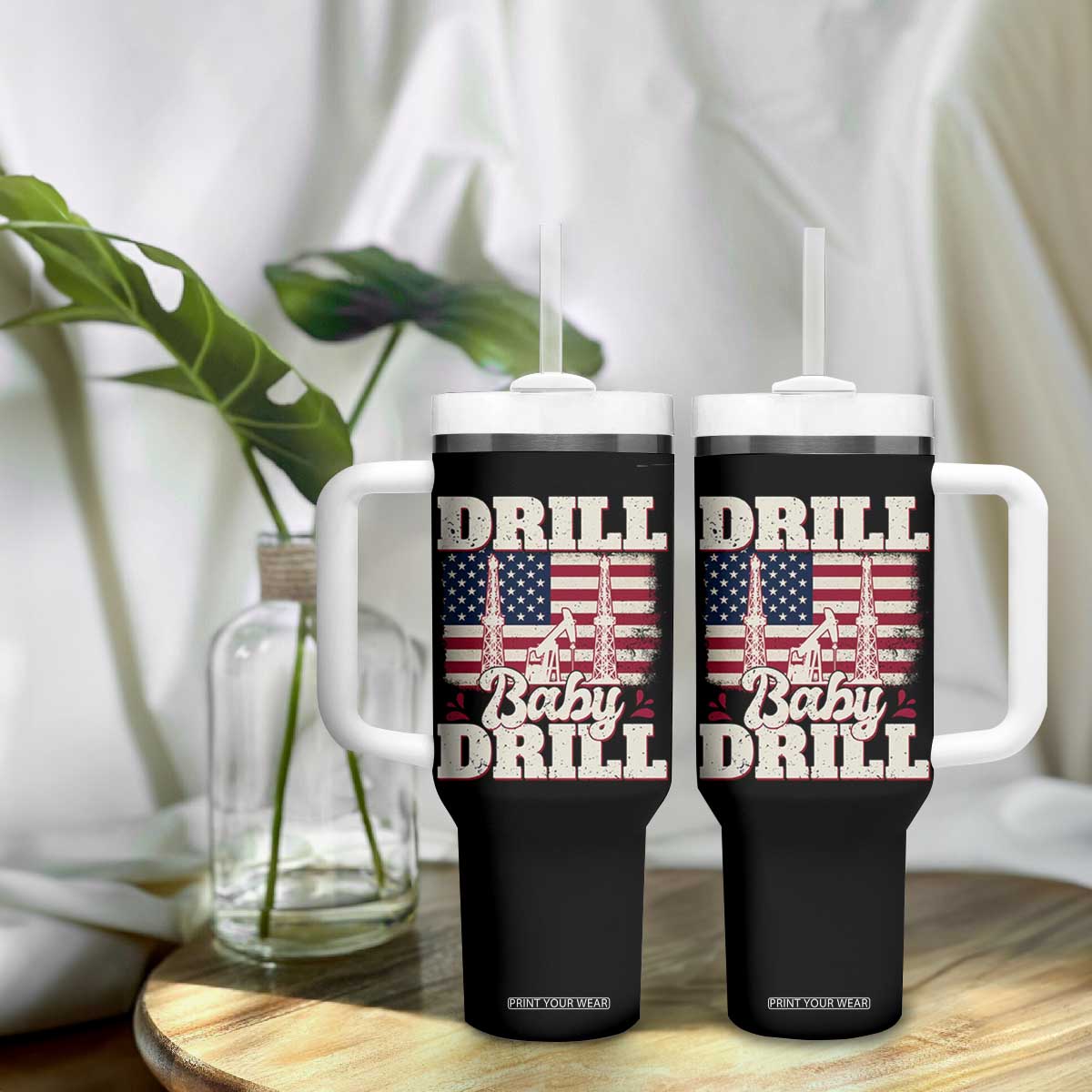 Drill Baby Drill American Flag Tumbler With Handle Retro Oilfield Oil Rig Patriot TS02 Print Your Wear