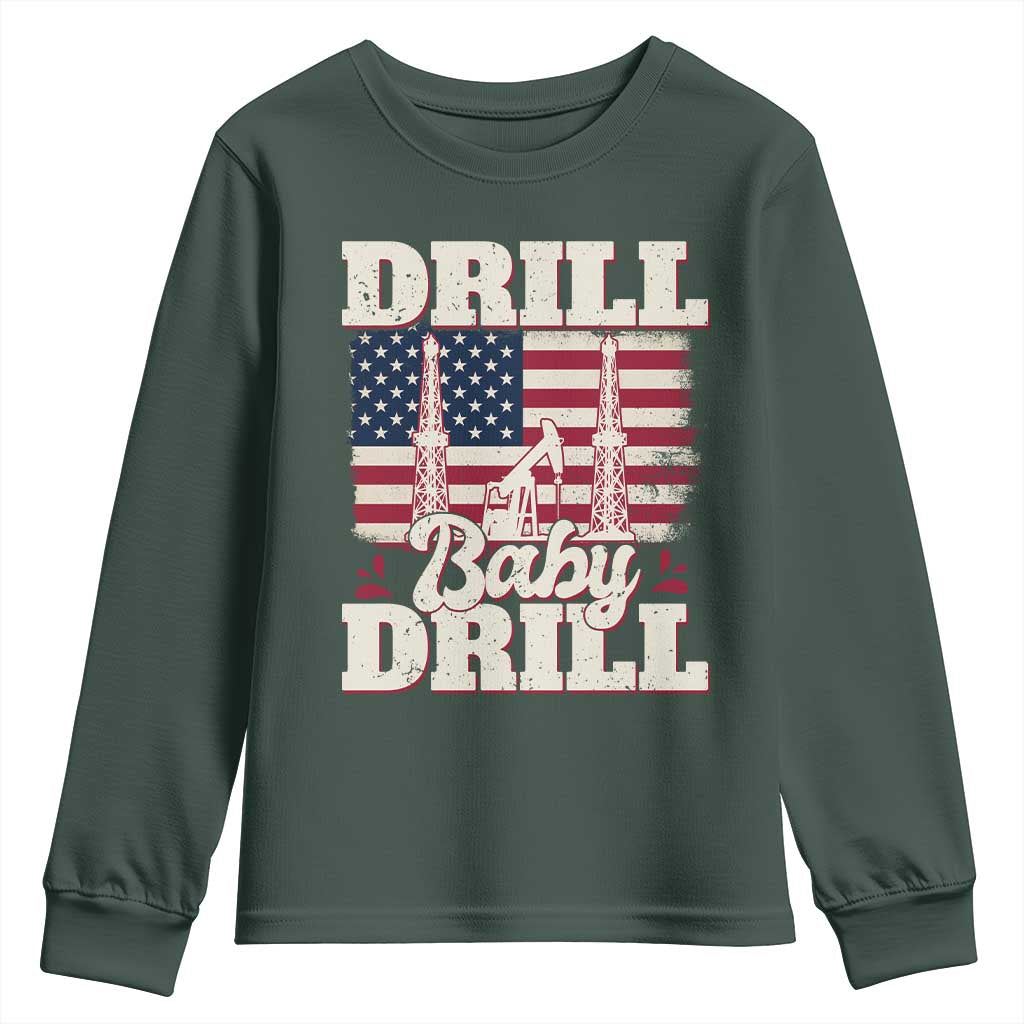 Drill Baby Drill American Flag Youth Sweatshirt Retro Oilfield Oil Rig Patriot TS02 Dark Forest Green Print Your Wear