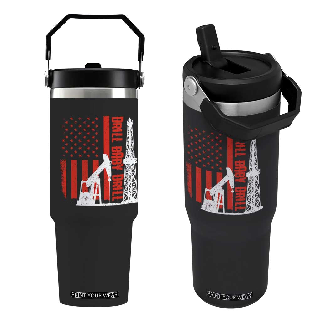 Drill Baby Drill American Flag Flip Straw Tumbler Distressed Oil Rig Oildfield Energy Industry TS02 One Size: 30 oz Black Print Your Wear
