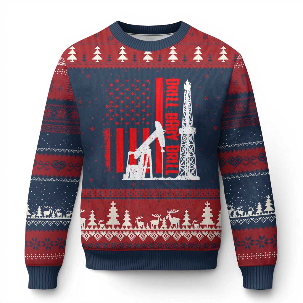 Drill Baby Drill American Flag Ugly Christmas Sweater Distressed Oil Rig Oildfield Energy Industry TS02 Navy Red Print Your Wear