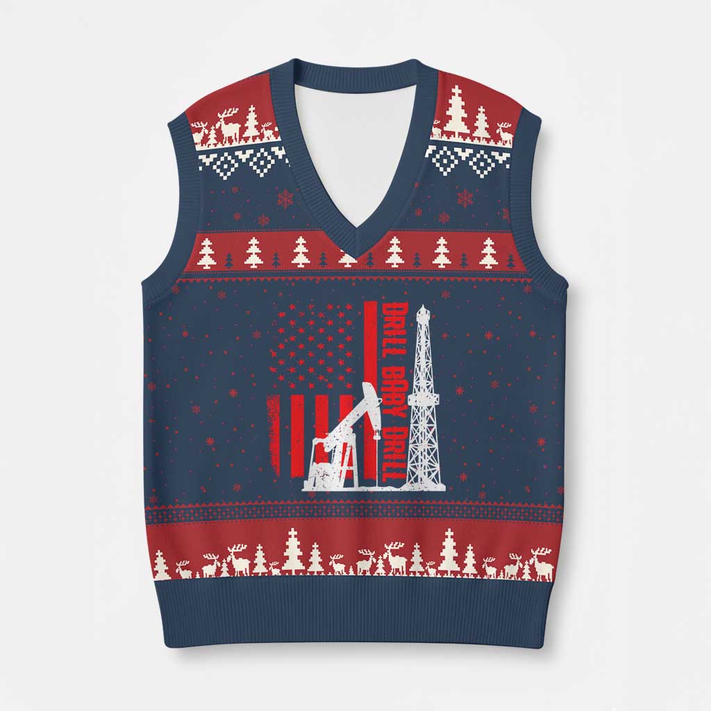 Drill Baby Drill American Flag V-Neck Knit Sweater Vest Distressed Oil Rig Oildfield Energy Industry TS02 Navy Red Print Your Wear