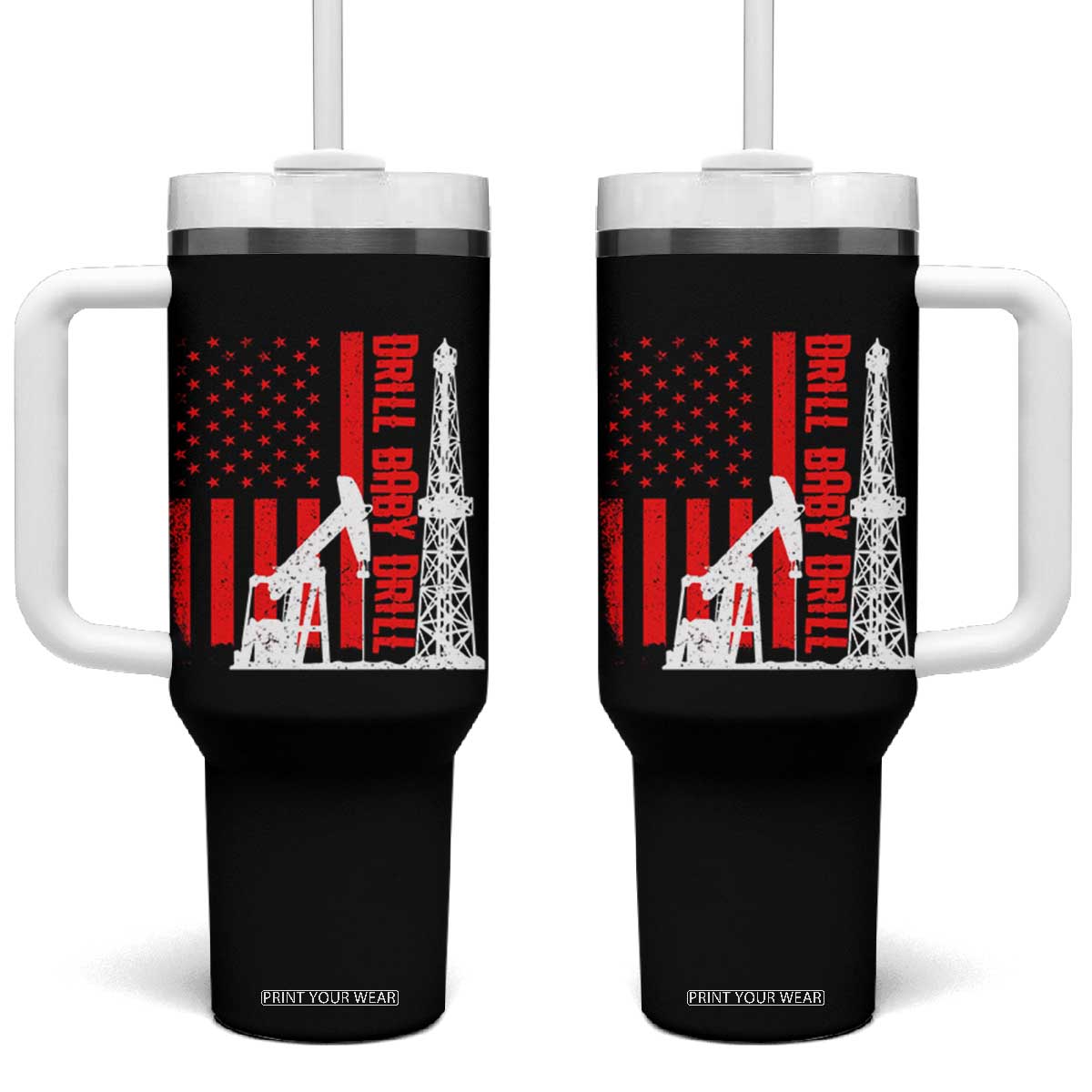Drill Baby Drill American Flag Tumbler With Handle Distressed Oil Rig Oildfield Energy Industry TS02 One Size: 40 oz Black Print Your Wear