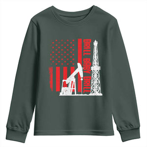 Drill Baby Drill American Flag Youth Sweatshirt Distressed Oil Rig Oildfield Energy Industry TS02 Dark Forest Green Print Your Wear