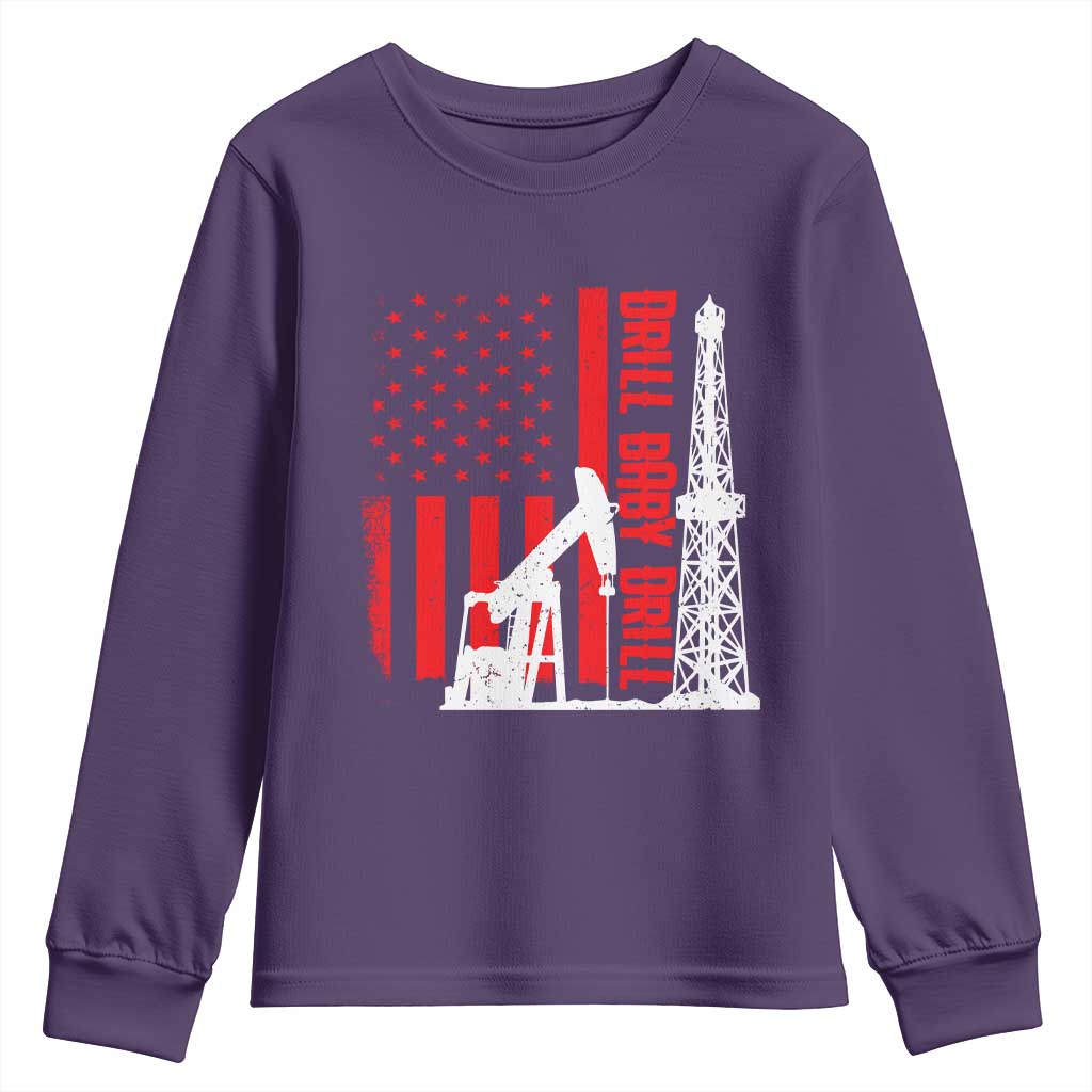 Drill Baby Drill American Flag Youth Sweatshirt Distressed Oil Rig Oildfield Energy Industry TS02 Purple Print Your Wear