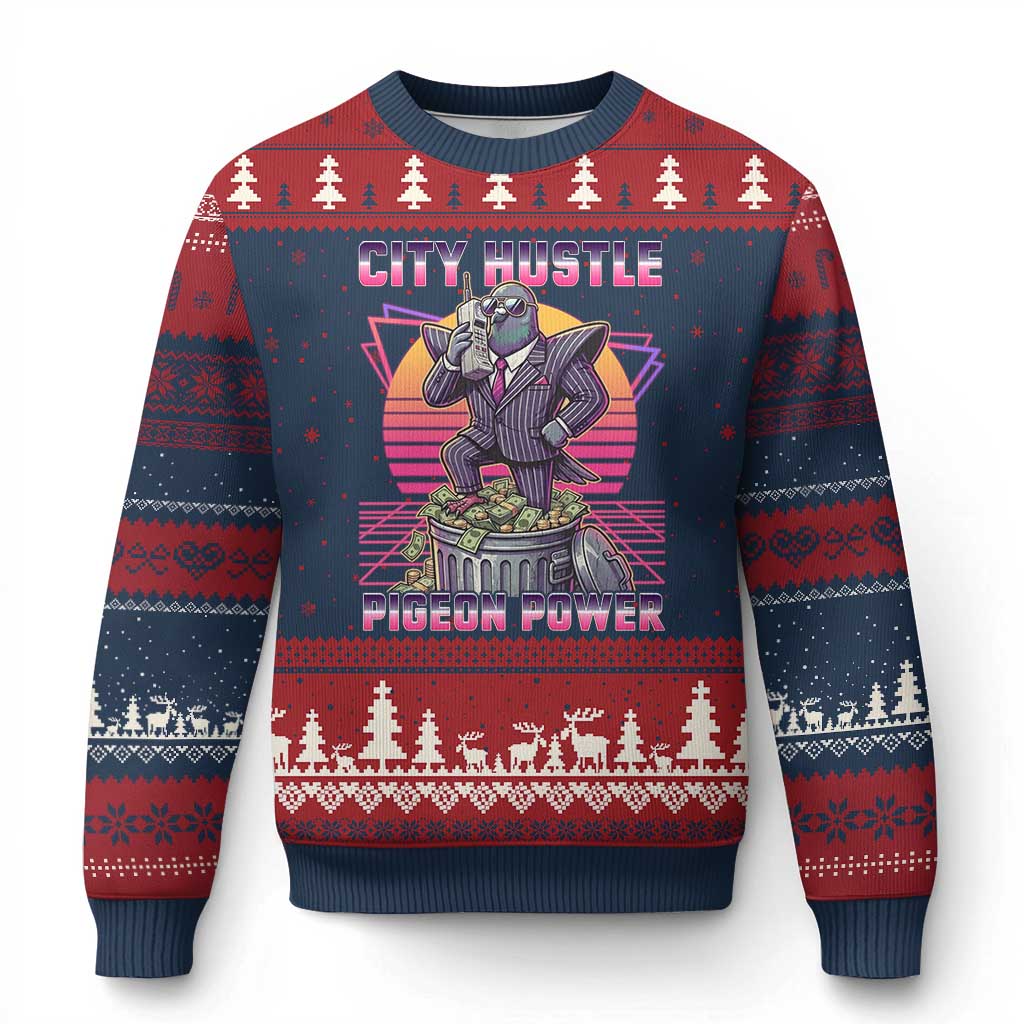 Retro City Hustle Pigeon Power Ugly Christmas Sweater Funny 80s Style Money Bird Gangsta TS02 Navy Red Print Your Wear