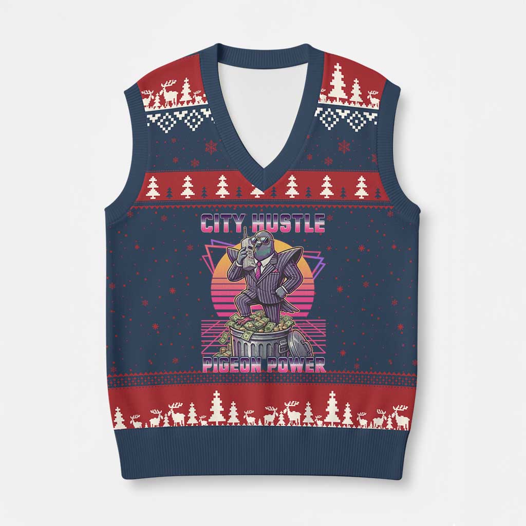 Retro City Hustle Pigeon Power V-Neck Knit Sweater Vest Funny 80s Style Money Bird Gangsta TS02 Navy Red Print Your Wear