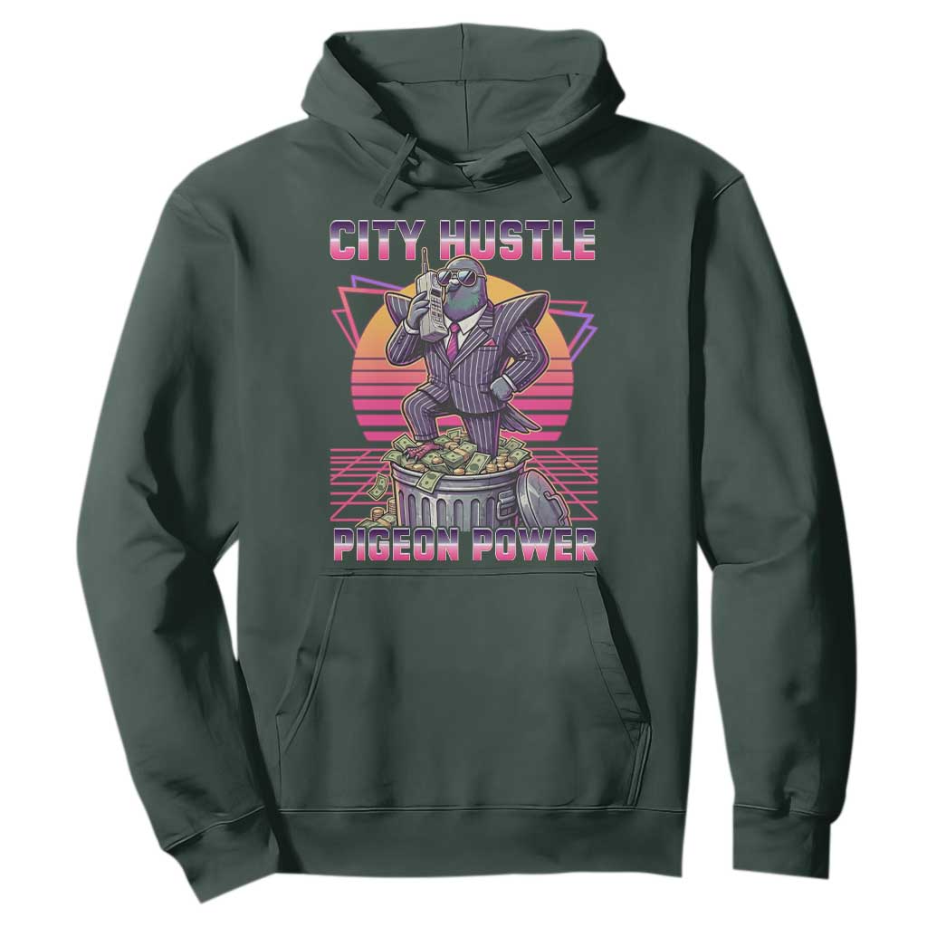 Retro City Hustle Pigeon Power Hoodie Funny 80s Style Money Bird Gangsta TS02 Dark Forest Green Print Your Wear