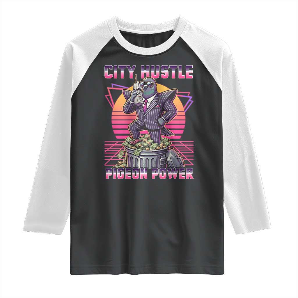 Retro City Hustle Pigeon Power Raglan Shirt Funny 80s Style Money Bird Gangsta TS02 Black White Print Your Wear