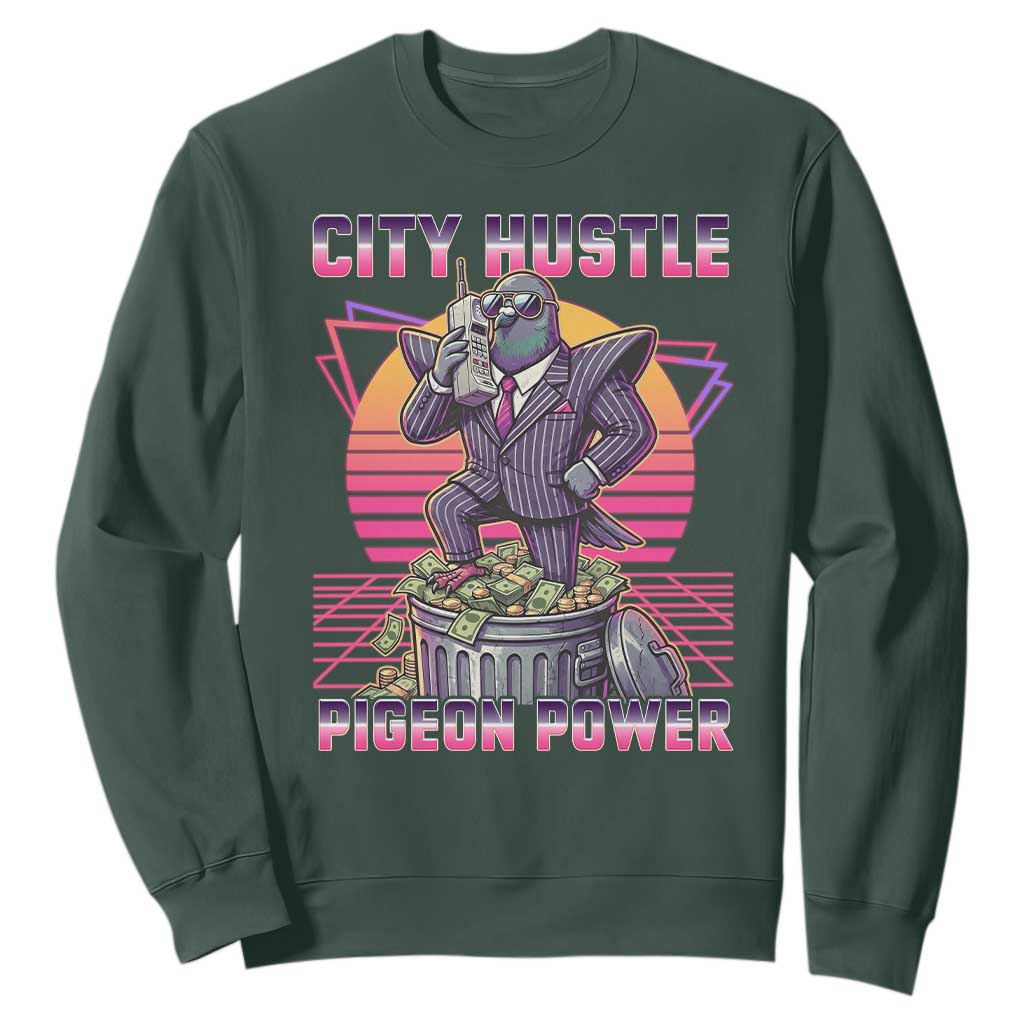 Retro City Hustle Pigeon Power Sweatshirt Funny 80s Style Money Bird Gangsta TS02 Dark Forest Green Print Your Wear