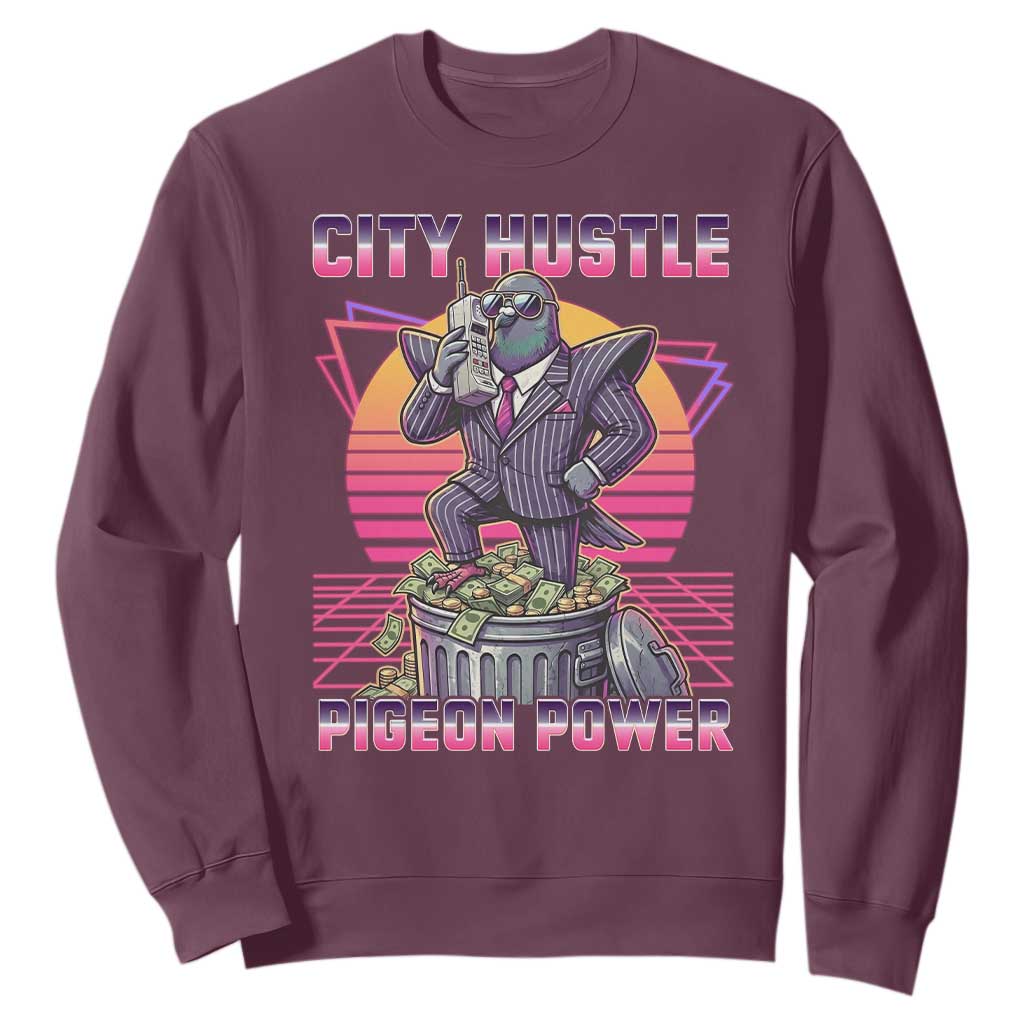 Retro City Hustle Pigeon Power Sweatshirt Funny 80s Style Money Bird Gangsta TS02 Maroon Print Your Wear