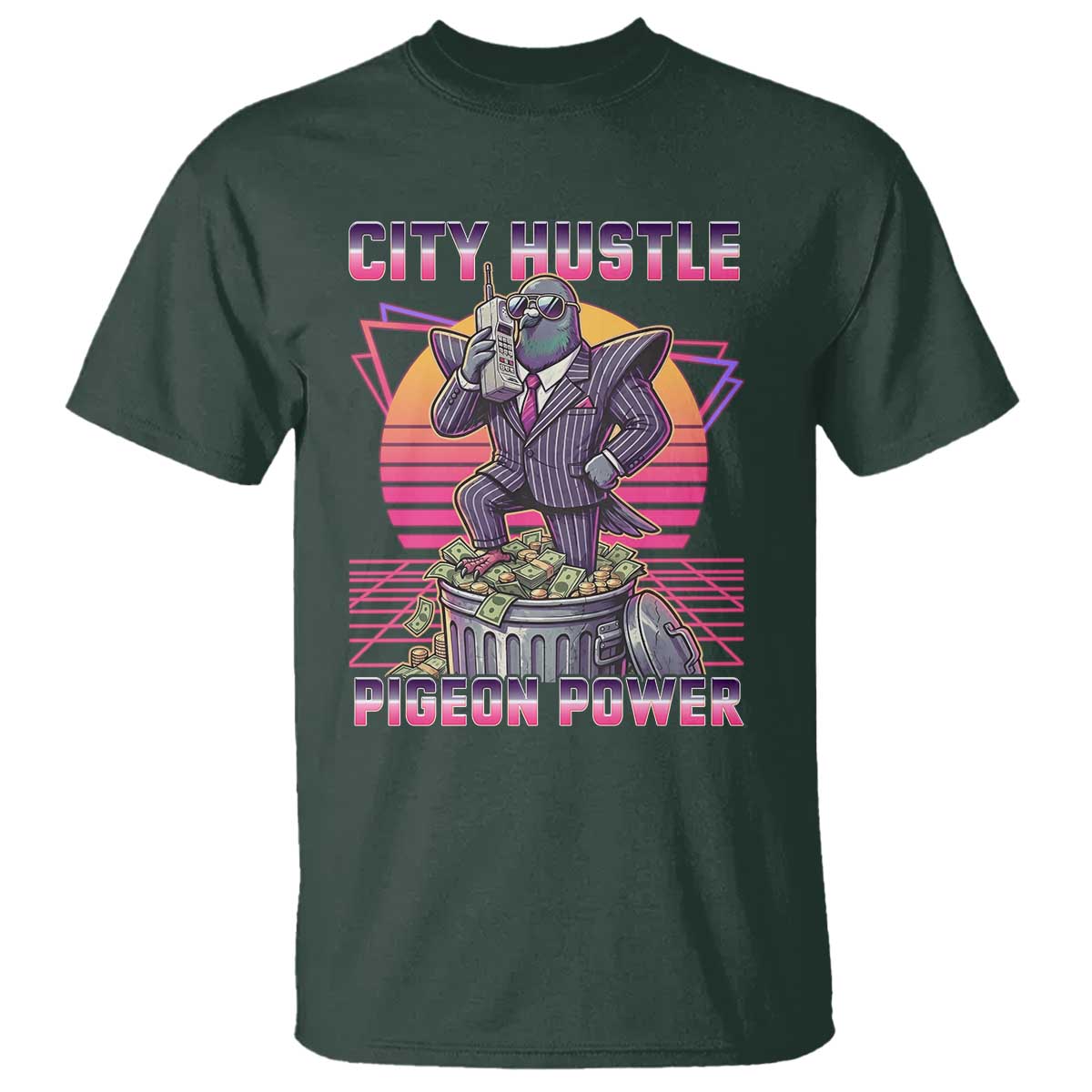 Retro City Hustle Pigeon Power T Shirt Funny 80s Style Money Bird Gangsta TS02 Dark Forest Green Print Your Wear