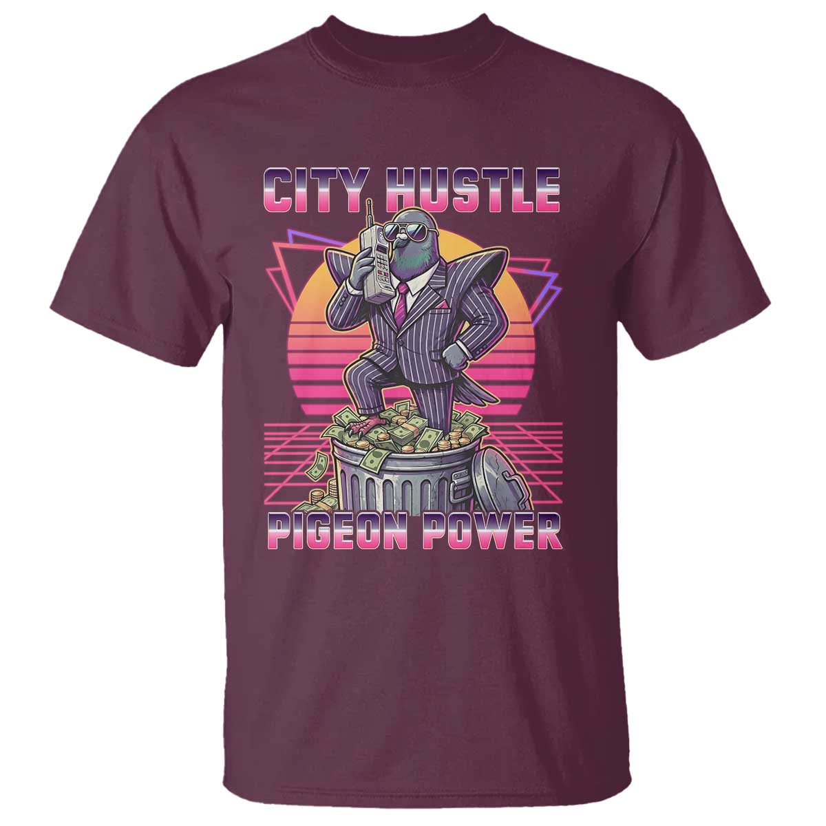 Retro City Hustle Pigeon Power T Shirt Funny 80s Style Money Bird Gangsta TS02 Maroon Print Your Wear