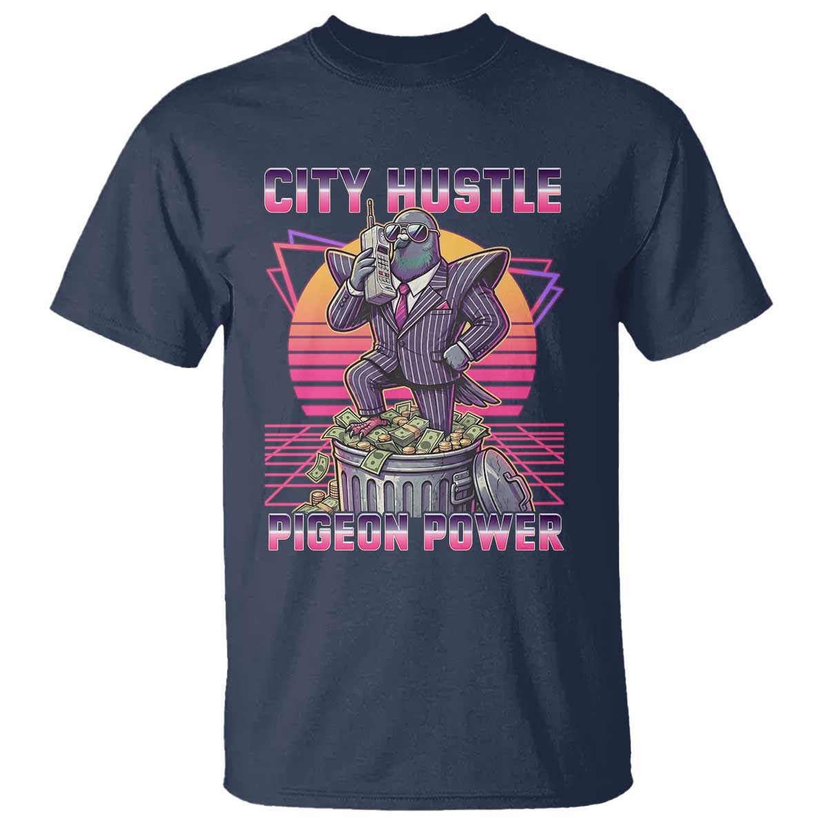 Retro City Hustle Pigeon Power T Shirt Funny 80s Style Money Bird Gangsta TS02 Navy Print Your Wear