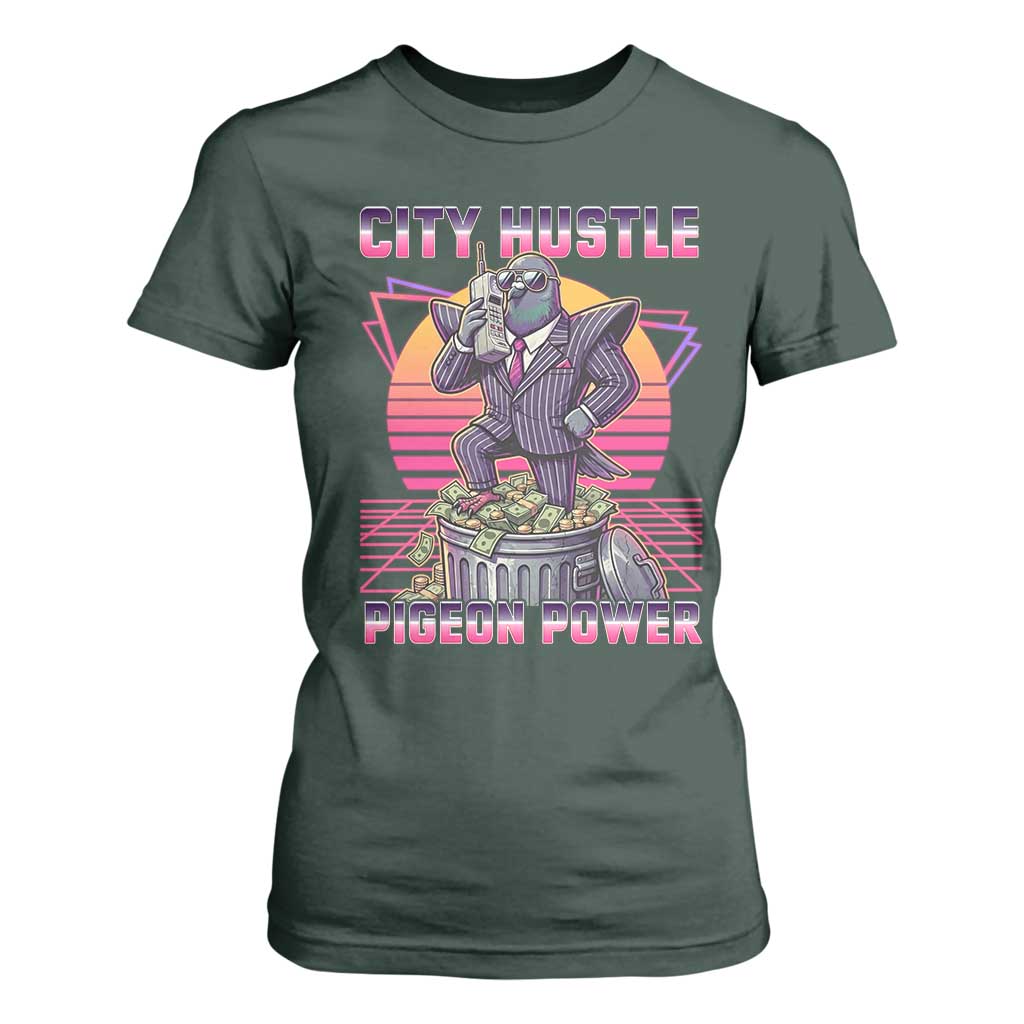 Retro City Hustle Pigeon Power T Shirt For Women Funny 80s Style Money Bird Gangsta TS02 Dark Forest Green Print Your Wear