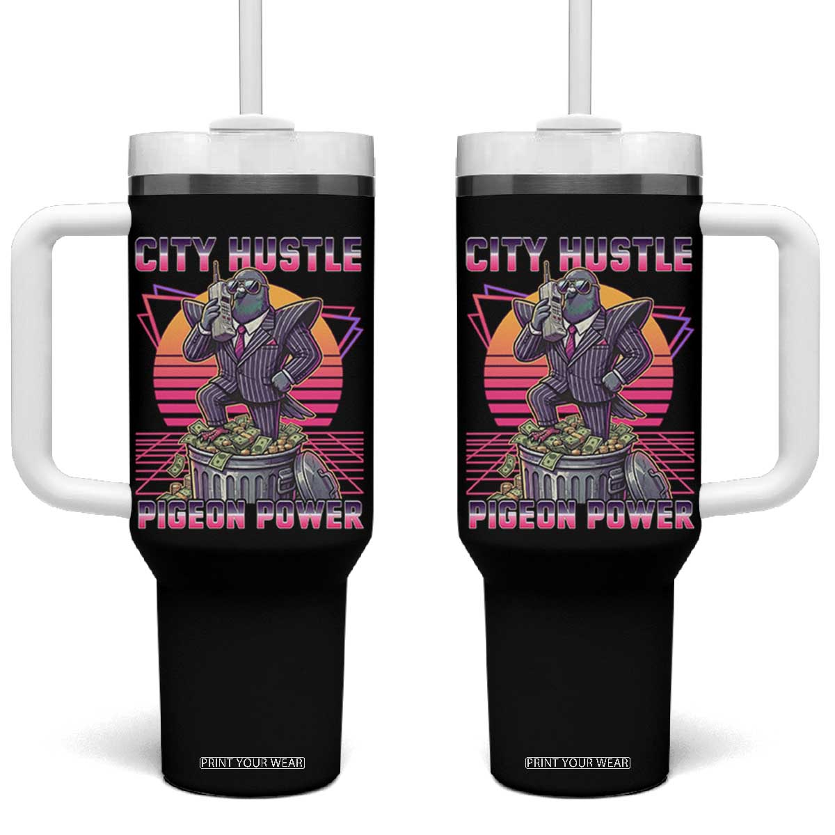 Retro City Hustle Pigeon Power Tumbler With Handle Funny 80s Style Money Bird Gangsta TS02 One Size: 40 oz Black Print Your Wear