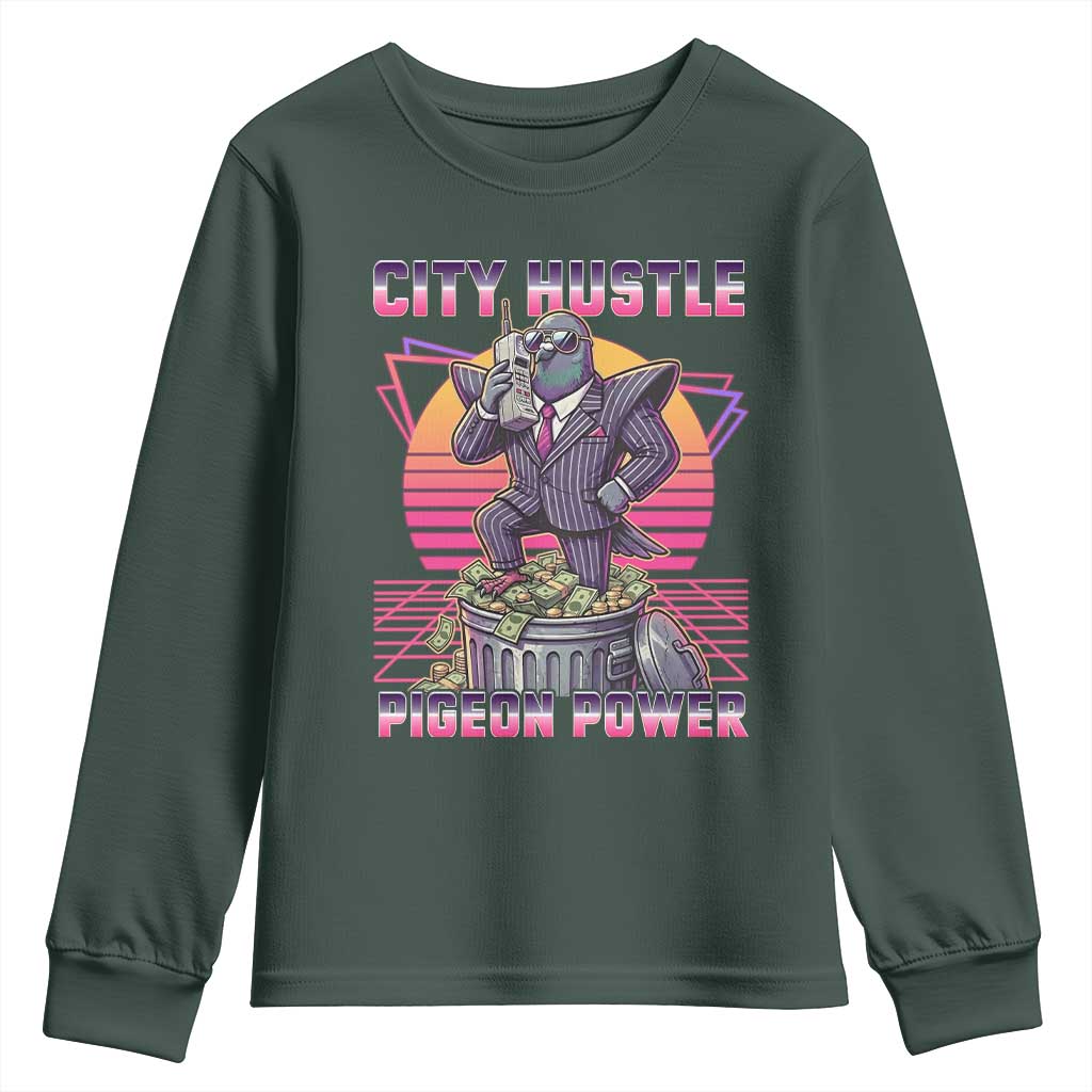Retro City Hustle Pigeon Power Youth Sweatshirt Funny 80s Style Money Bird Gangsta TS02 Dark Forest Green Print Your Wear