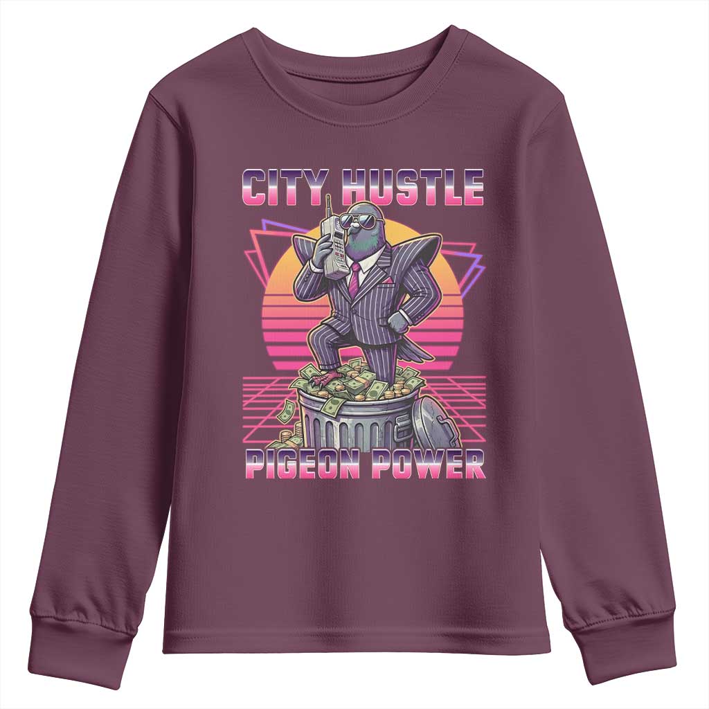 Retro City Hustle Pigeon Power Youth Sweatshirt Funny 80s Style Money Bird Gangsta TS02 Maroon Print Your Wear