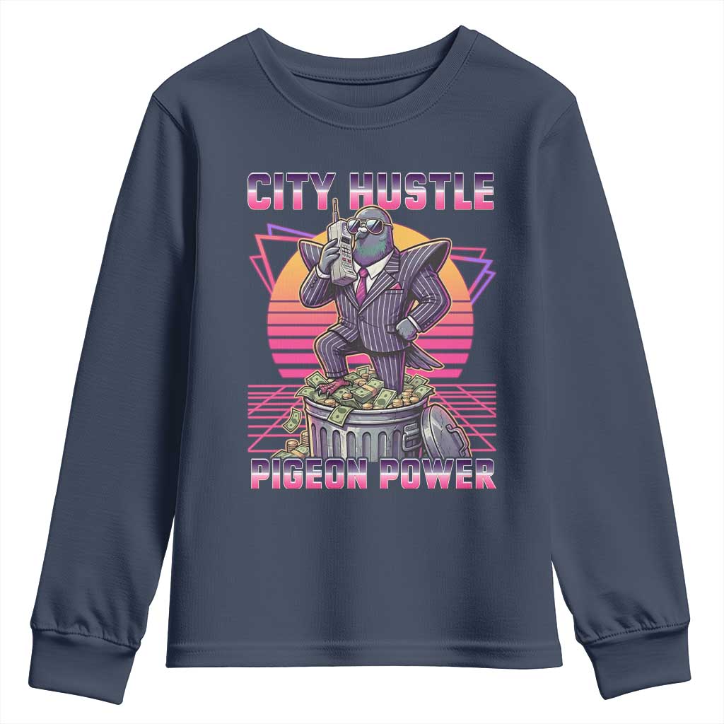 Retro City Hustle Pigeon Power Youth Sweatshirt Funny 80s Style Money Bird Gangsta TS02 Navy Print Your Wear