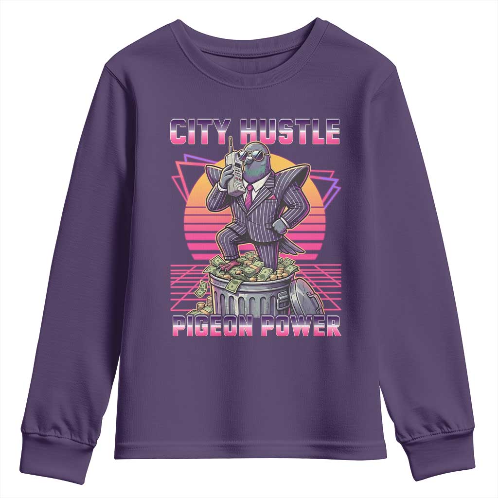 Retro City Hustle Pigeon Power Youth Sweatshirt Funny 80s Style Money Bird Gangsta TS02 Purple Print Your Wear