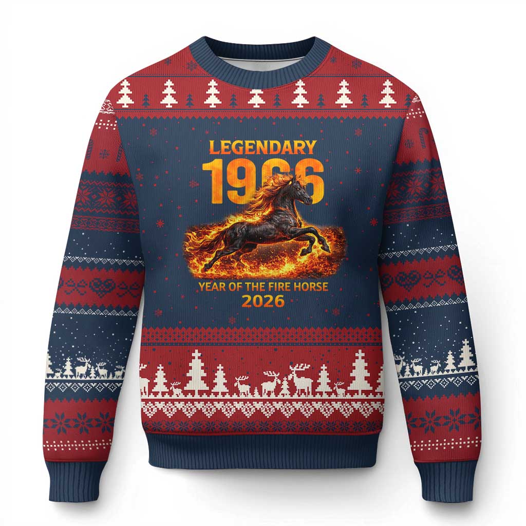 Legendary 1966 Year of the Fire Horse Ugly Christmas Sweater Fiery 2026 Zodiac Birthday Gift - Print Your Wear