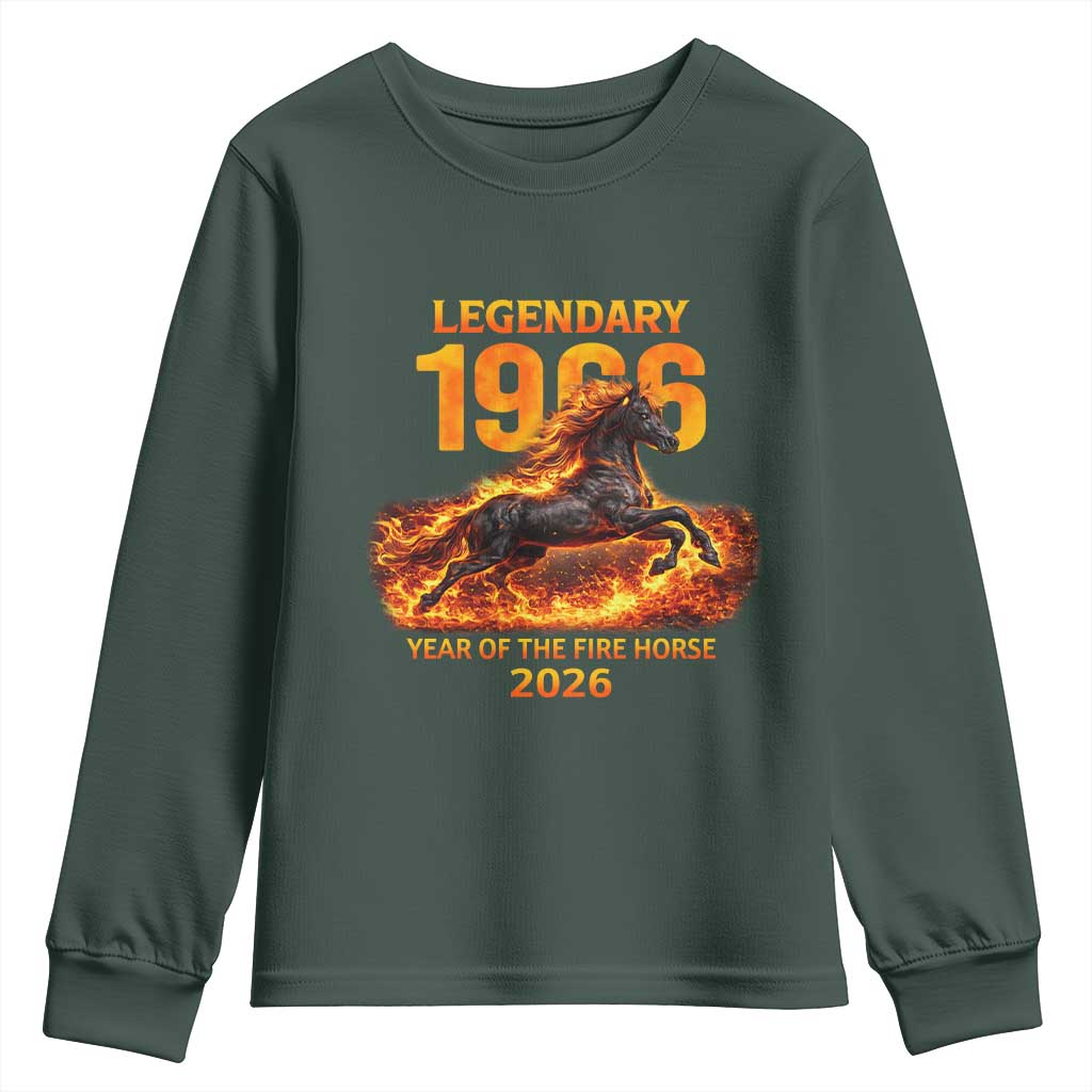 Legendary 1966 Year of the Fire Horse Youth Sweatshirt Fiery 2026 Zodiac Birthday Gift TS02 Dark Forest Green Print Your Wear