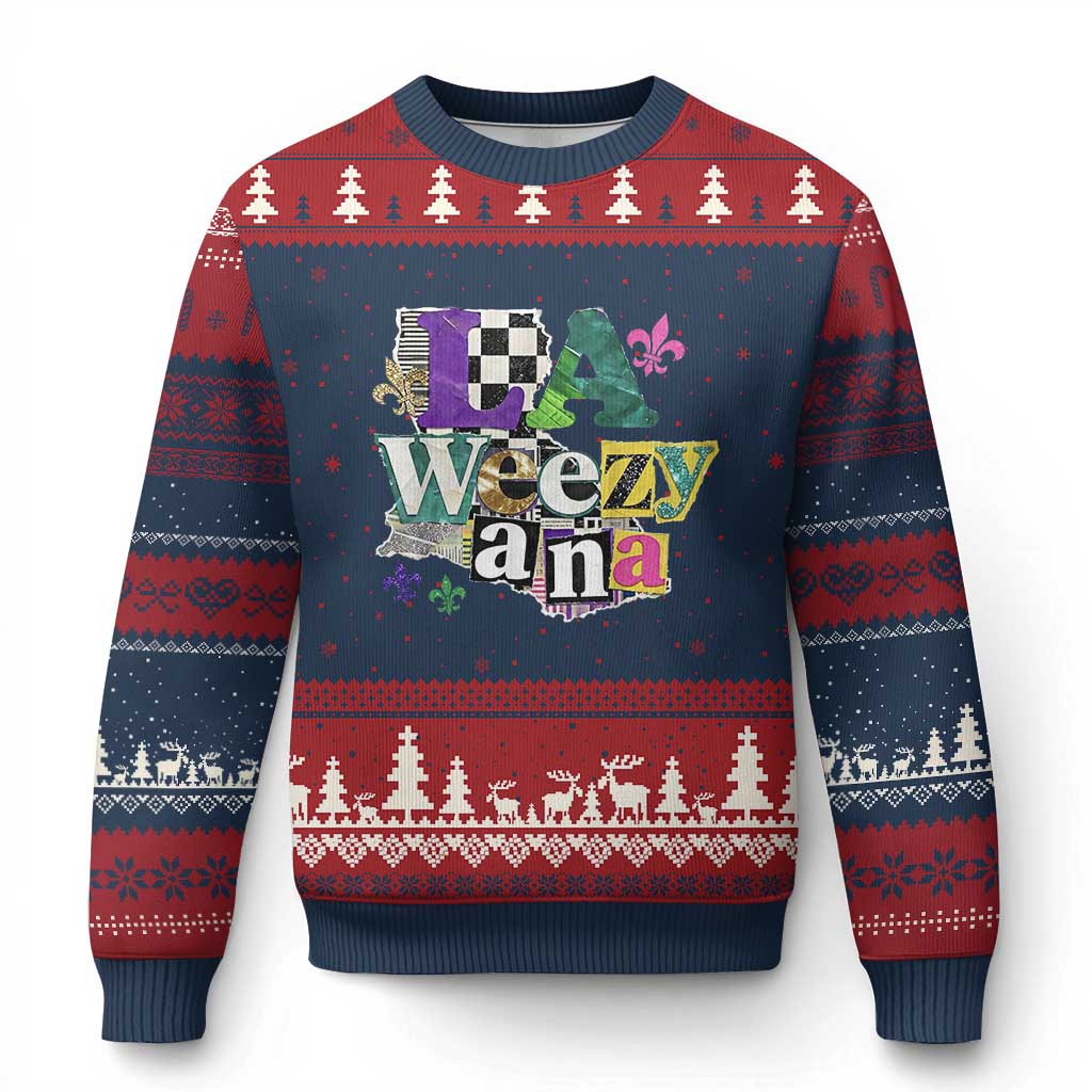 Colorful La-Weezi-ana Mardi Gras Louisiana Pride Ugly Christmas Sweater Funky Carnival Vibes TS02 Navy Red Print Your Wear
