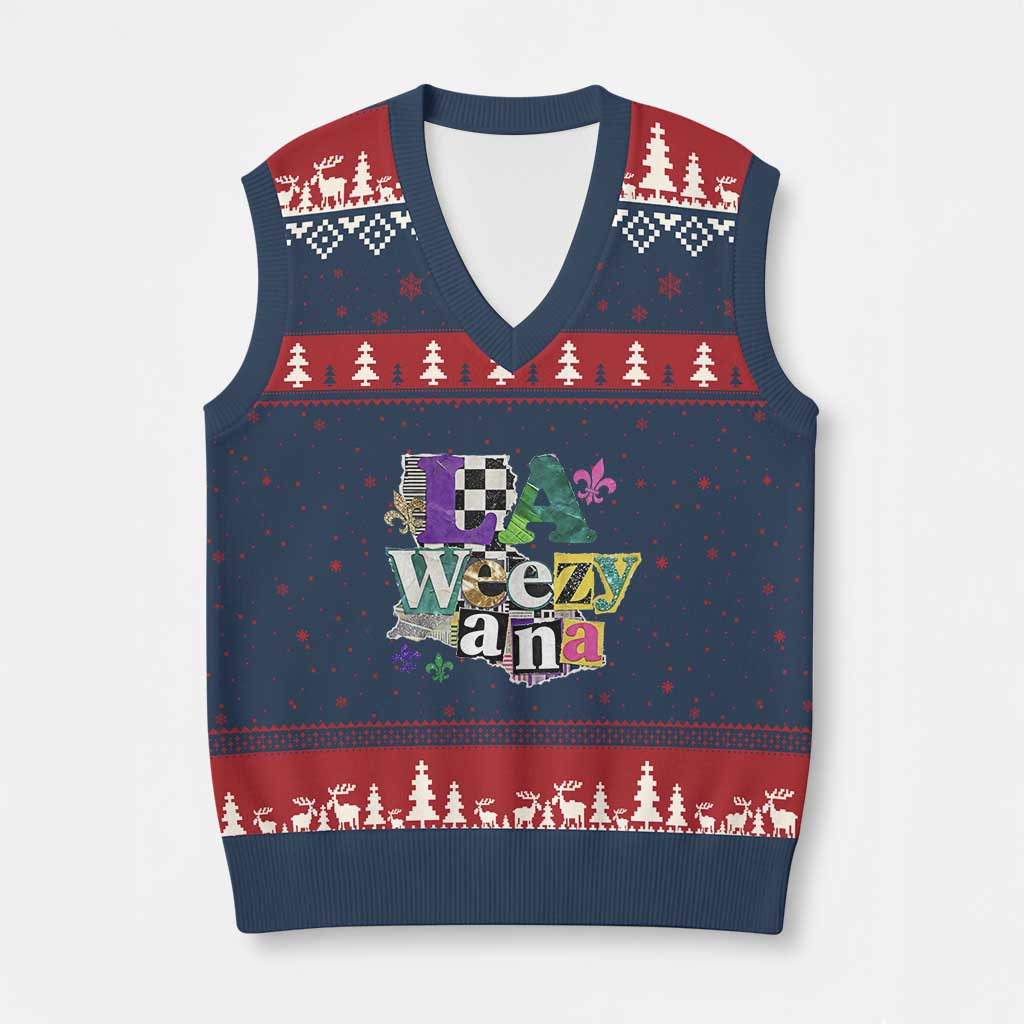 Colorful La-Weezi-ana Mardi Gras Louisiana Pride V-Neck Knit Sweater Vest Funky Carnival Vibes TS02 Navy Red Print Your Wear
