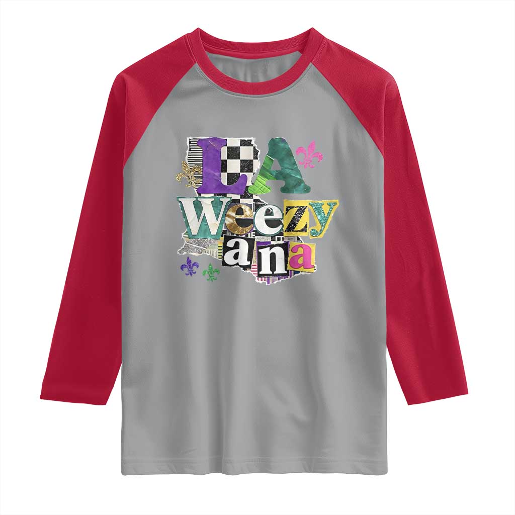 Colorful La-Weezi-ana Mardi Gras Louisiana Pride Raglan Shirt Funky Carnival Vibes TS02 Sport Gray Red Print Your Wear