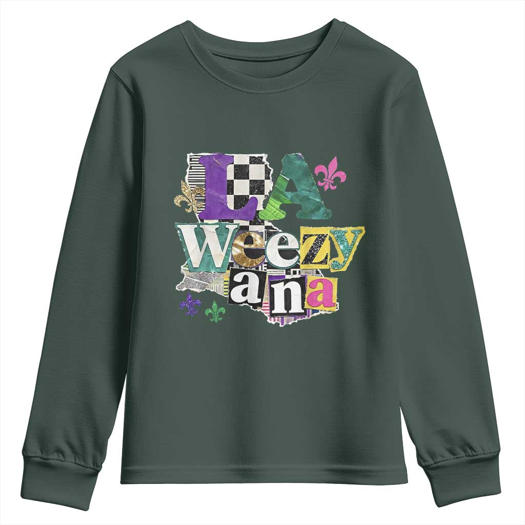 Colorful La-Weezi-ana Mardi Gras Louisiana Pride Youth Sweatshirt Funky Carnival Vibes TS02 Dark Forest Green Print Your Wear