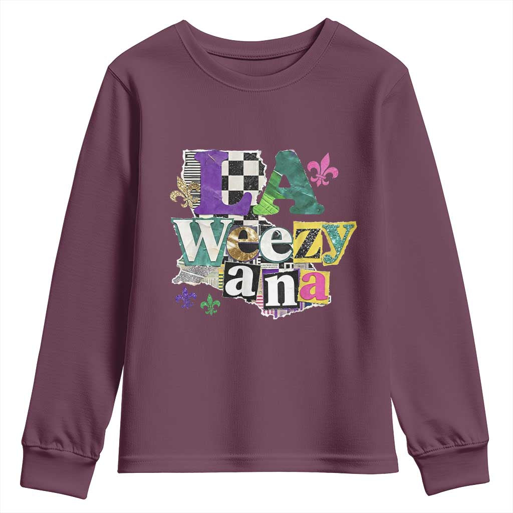 Colorful La-Weezi-ana Mardi Gras Louisiana Pride Youth Sweatshirt Funky Carnival Vibes TS02 Maroon Print Your Wear