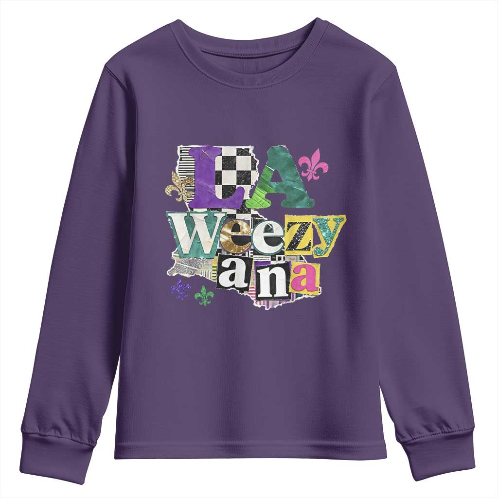 Colorful La-Weezi-ana Mardi Gras Louisiana Pride Youth Sweatshirt Funky Carnival Vibes TS02 Purple Print Your Wear