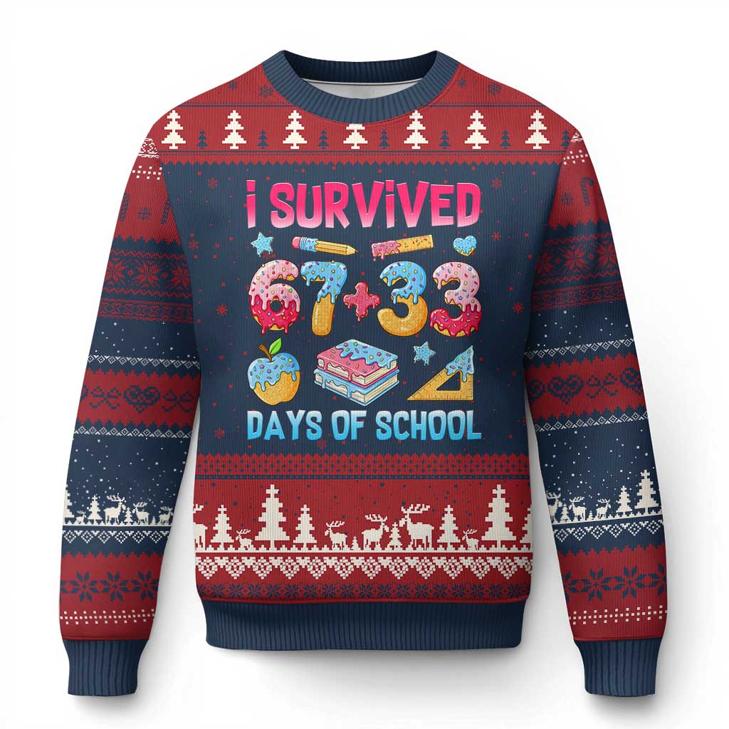 I Survived 67 Plus 33 100 Days of School Ugly Christmas Sweater Six Seven Meme Colorful Math Humor - Print Your Wear