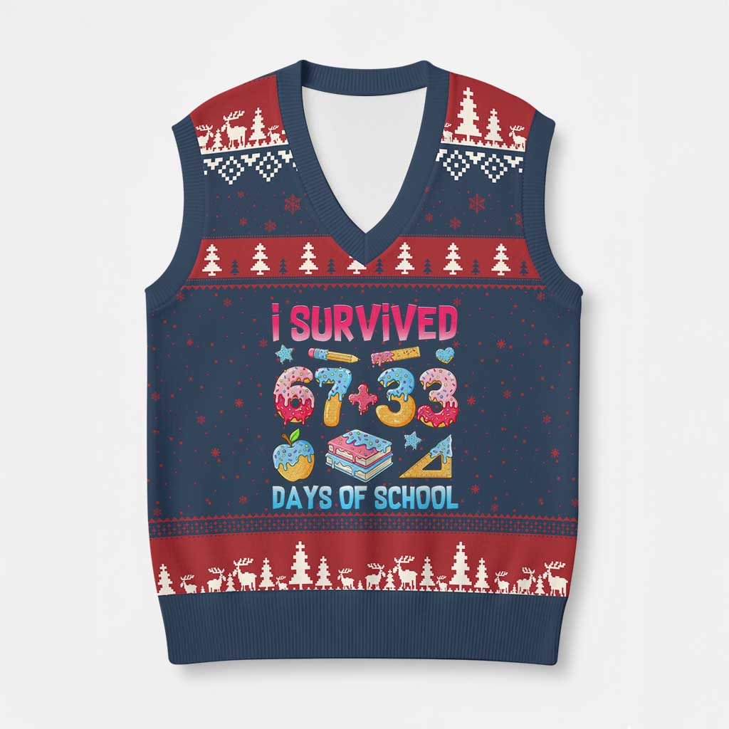 I Survived 67 Plus 33 100 Days of School V-Neck Knit Sweater Vest Six Seven Meme Colorful Math Humor - Print Your Wear