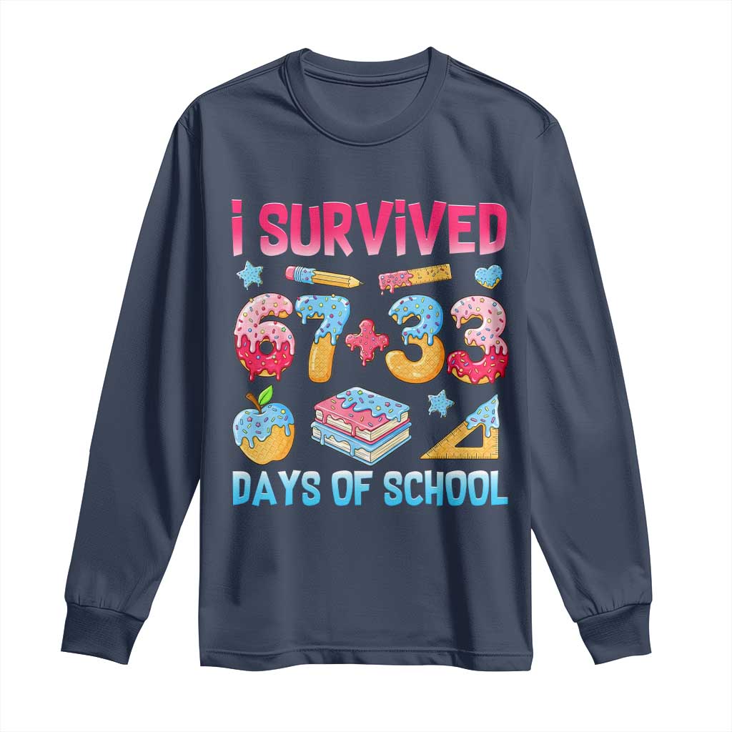 I Survived 67 Plus 33 100 Days of School Long Sleeve Shirt Six Seven Meme Colorful Math Humor TS02 Navy Print Your Wear