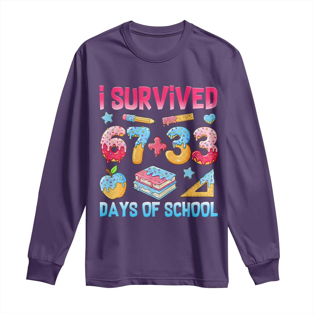 I Survived 67 Plus 33 100 Days of School Long Sleeve Shirt Six Seven Meme Colorful Math Humor TS02 Purple Print Your Wear