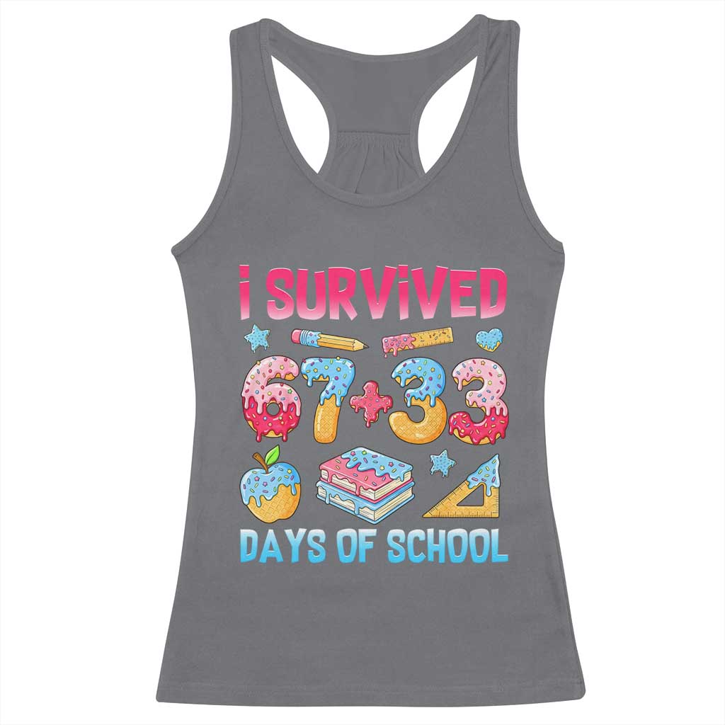 I Survived 67 Plus 33 100 Days of School Racerback Tank Top Six Seven Meme Colorful Math Humor TS02 Charcoal Print Your Wear