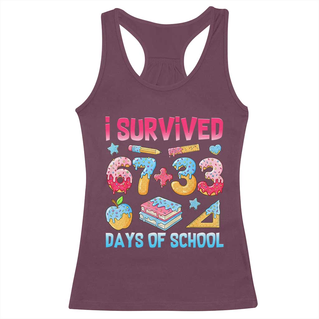 I Survived 67 Plus 33 100 Days of School Racerback Tank Top Six Seven Meme Colorful Math Humor TS02 Maroon Print Your Wear